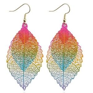 Double Colorful Lacey Leaves Dangle Earrings Pink Yellow Blue